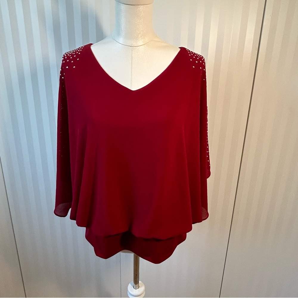 Roz & Ali burgundy red batwing blouse open top sleeves rhinestones FLAW Size XL